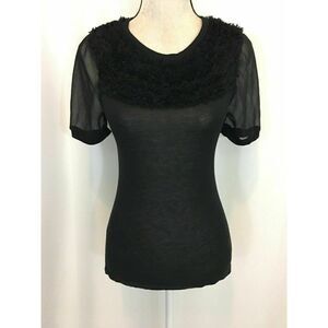 Robbi Nikki Womens Solid Black Short Sleeve Ruffle Sheer Top Viscose Xs